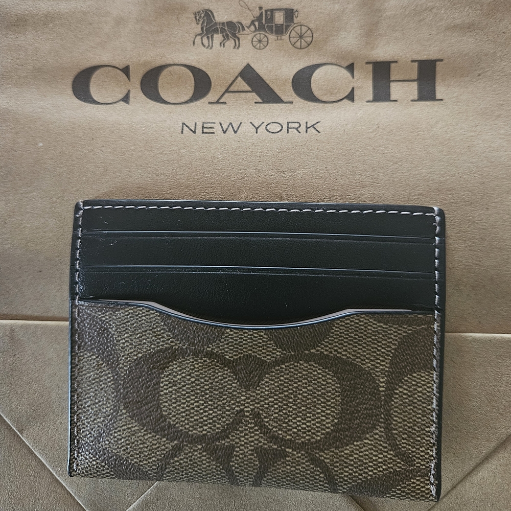 NWT Coach Slim Card ID Case In Signature Canvas /Brown